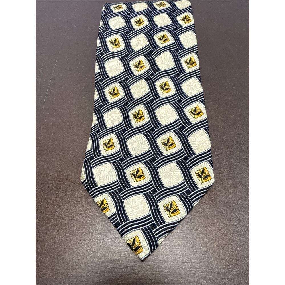 Ermenegildo Zegna Silk Tie Italy Ivory Black Gold Geometric Lattice Medallion